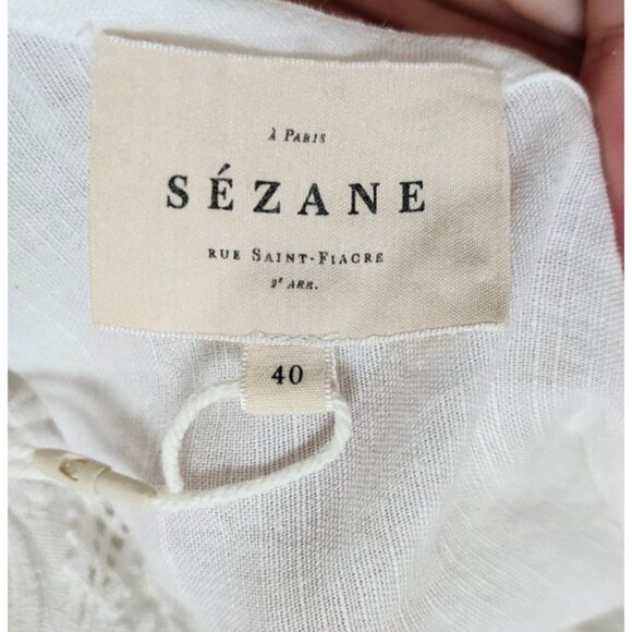 Sézane White Linen Embroidered Dress Size 40 Eyelet Ruffle Trim Mini Tunic Boho - Picture 10 of 12